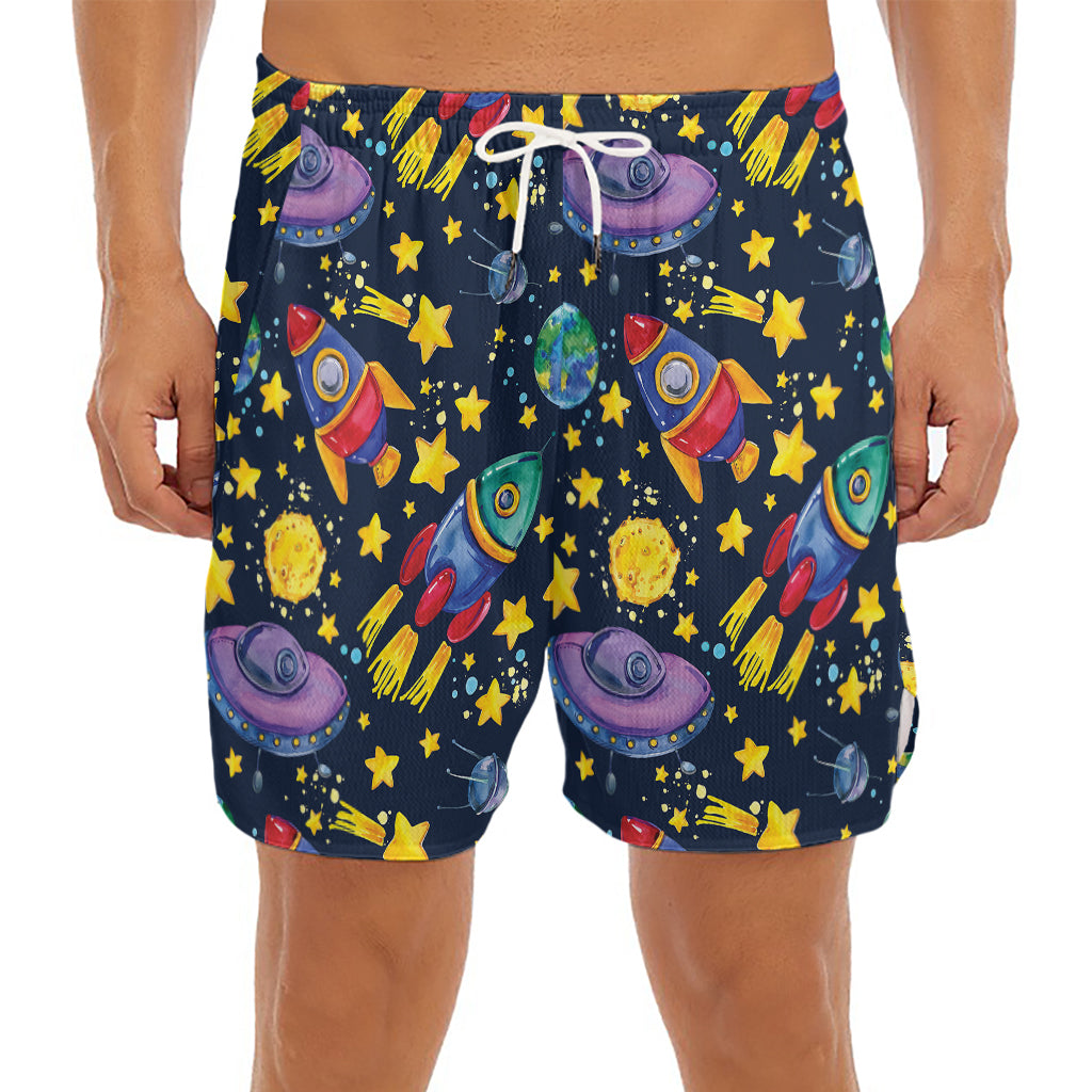 Watercolor Rocket Pattern Print Men's Split Running Shorts
