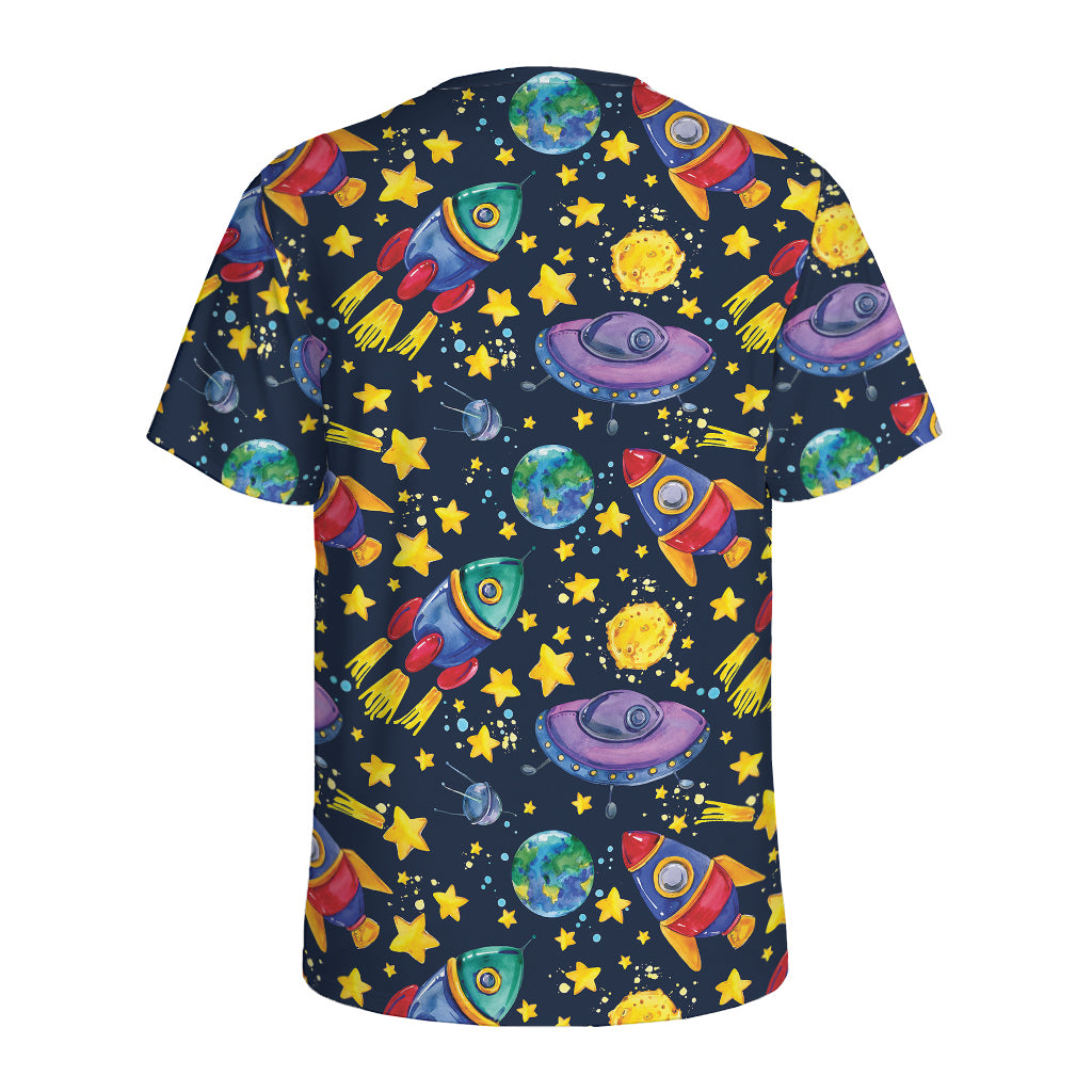 Watercolor Rocket Pattern Print Men's Sports T-Shirt