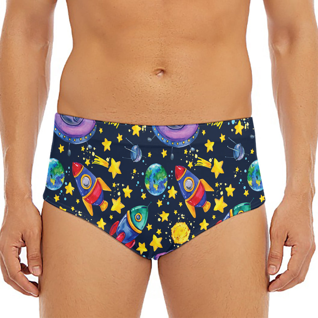 Watercolor Rocket Pattern Print Men's Triangle Swim Briefs