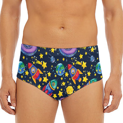 Watercolor Rocket Pattern Print Men's Triangle Swim Briefs