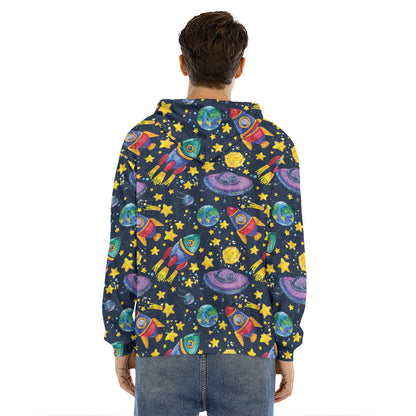 Watercolor Rocket Pattern Print Men's Velvet Pullover Hoodie
