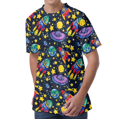 Watercolor Rocket Pattern Print Men's Velvet T-Shirt