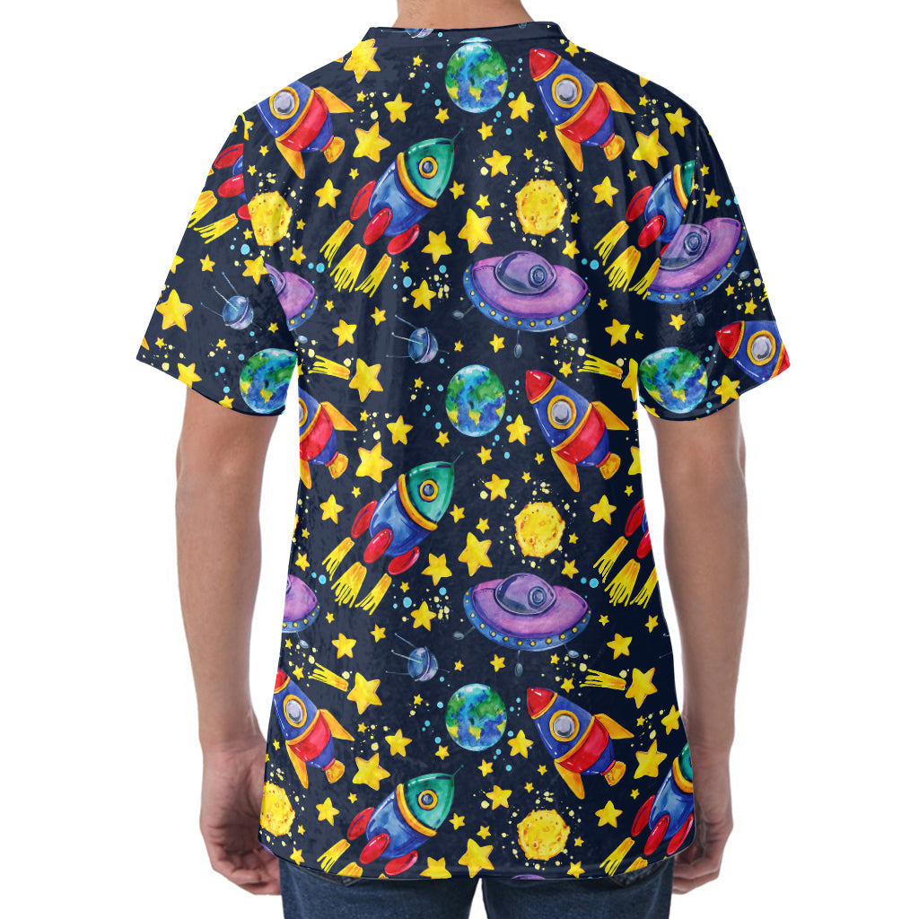 Watercolor Rocket Pattern Print Men's Velvet T-Shirt
