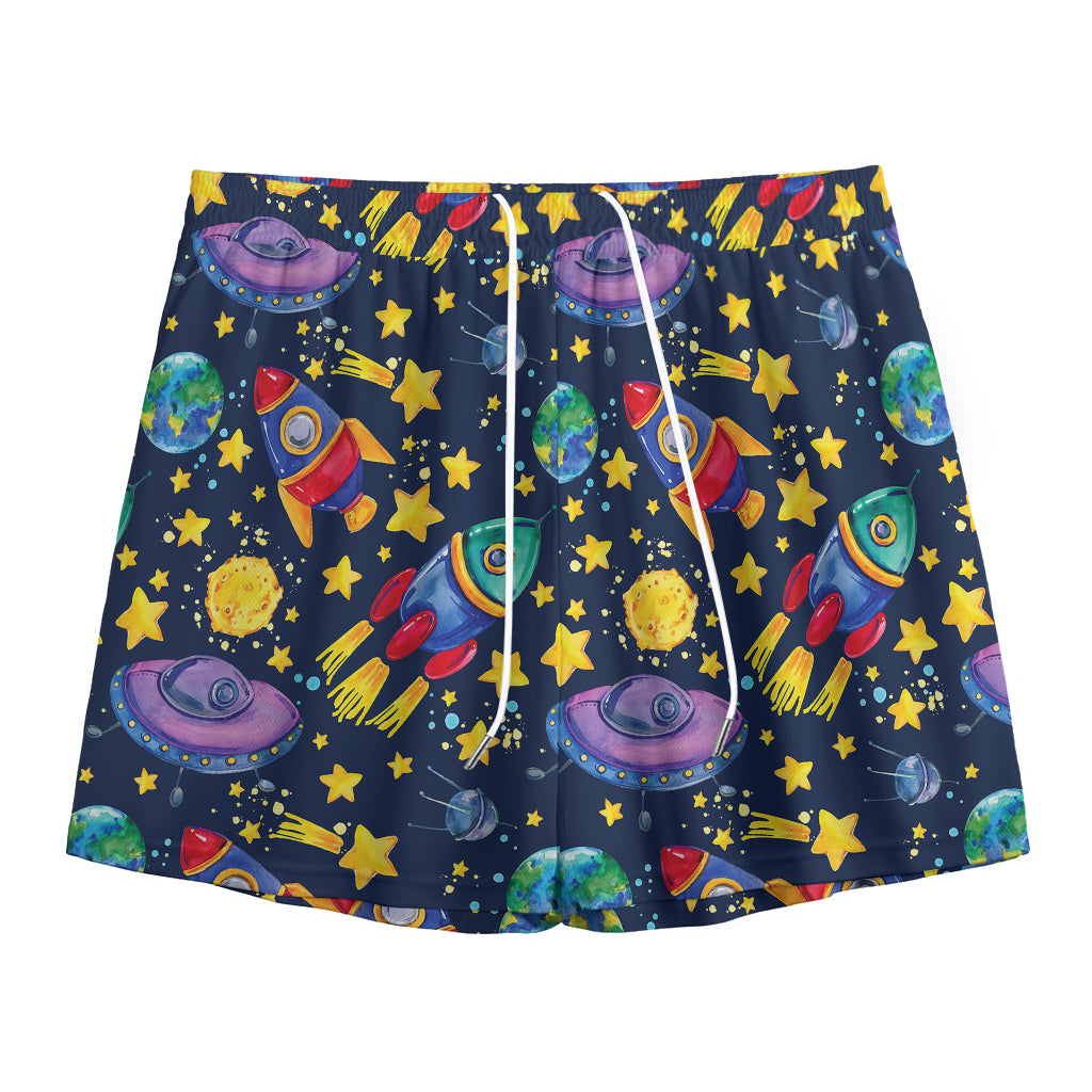 Watercolor Rocket Pattern Print Mesh Shorts