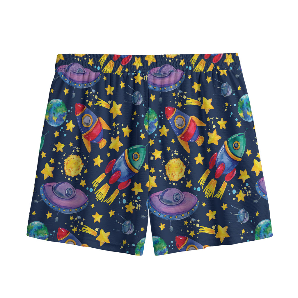 Watercolor Rocket Pattern Print Mesh Shorts
