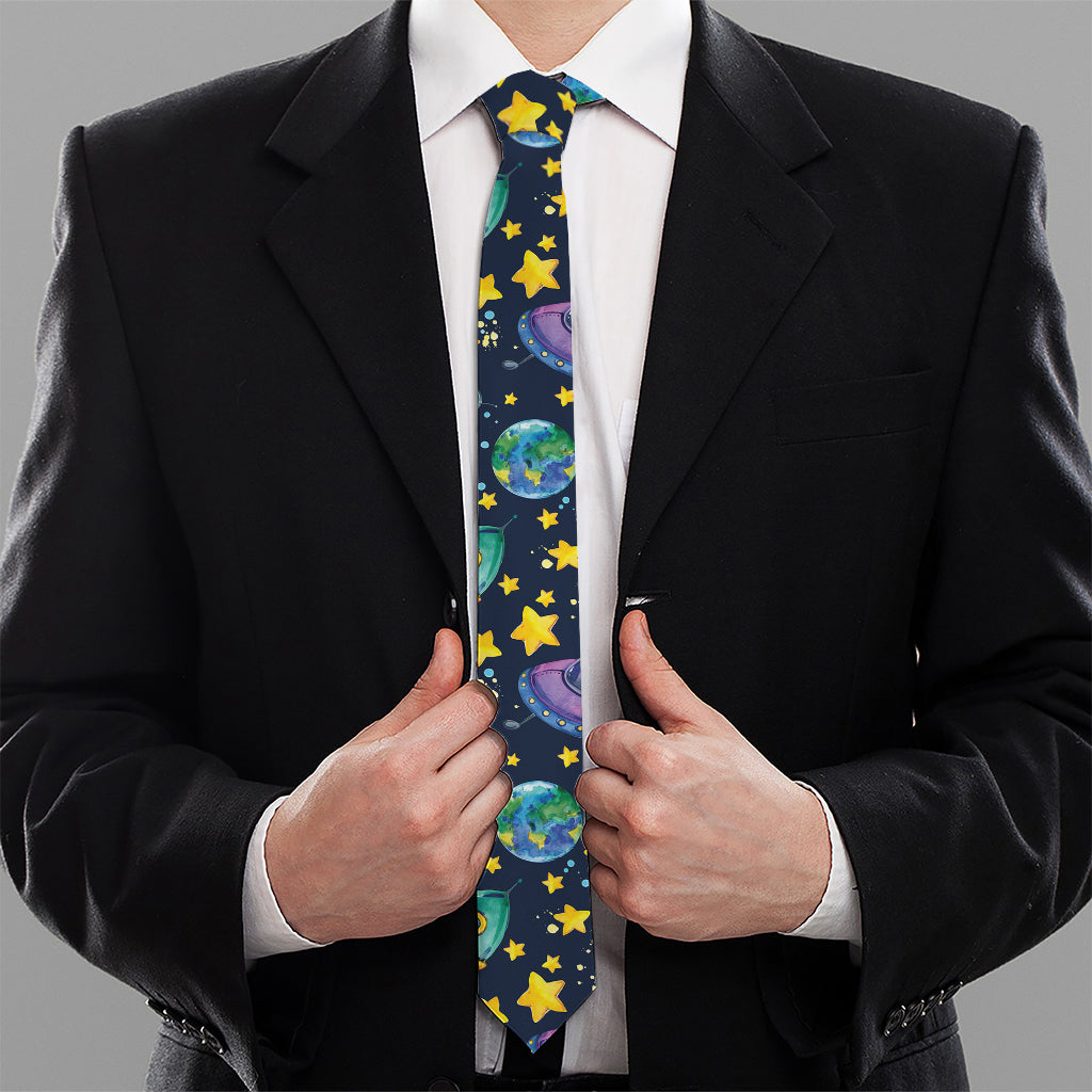 Watercolor Rocket Pattern Print Necktie