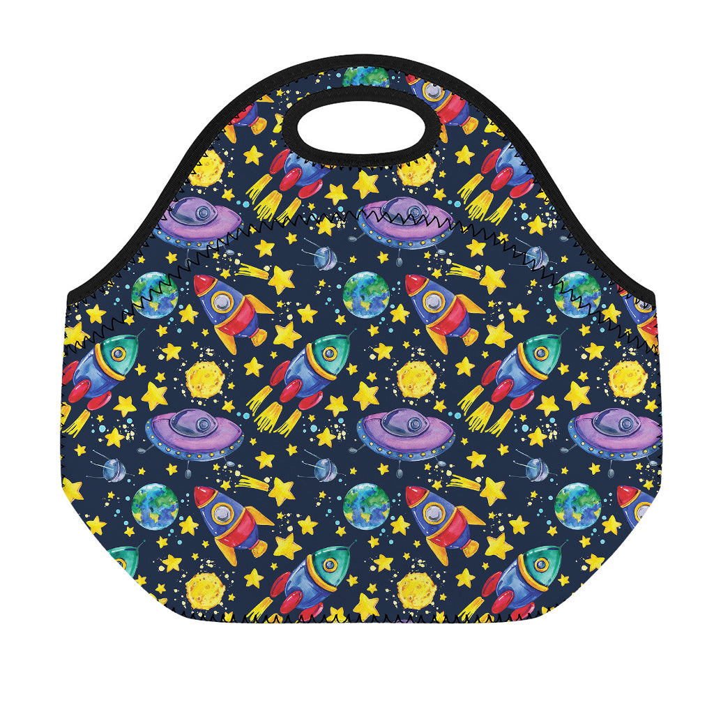 Watercolor Rocket Pattern Print Neoprene Lunch Bag