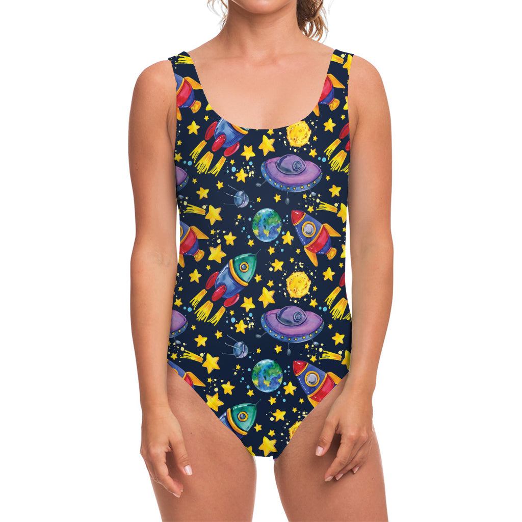 Watercolor Rocket Pattern Print One Piece Swimsuit