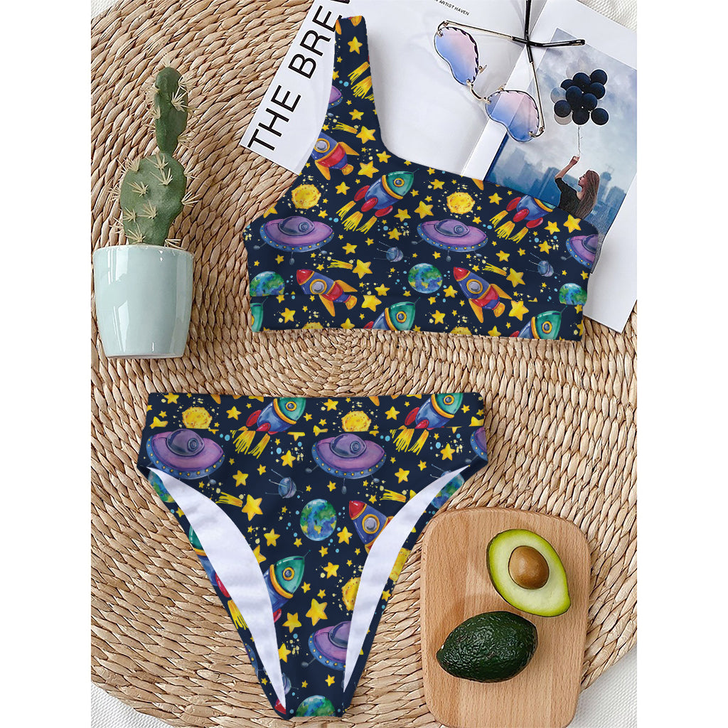 Watercolor Rocket Pattern Print One Shoulder Bikini Top
