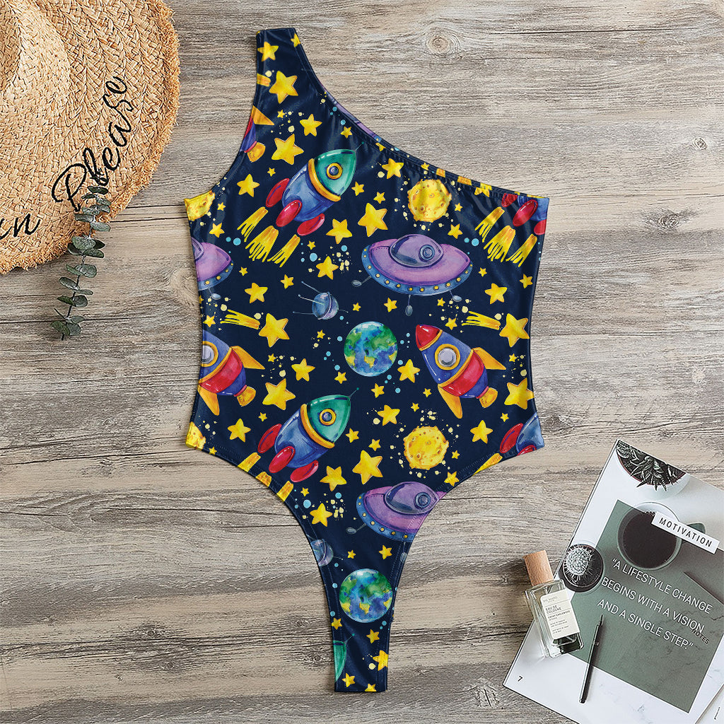 Watercolor Rocket Pattern Print One Shoulder Bodysuit