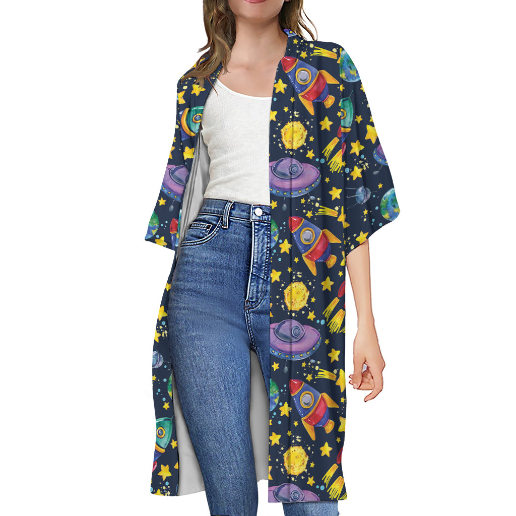 Watercolor Rocket Pattern Print Open Front Beach Cover Up