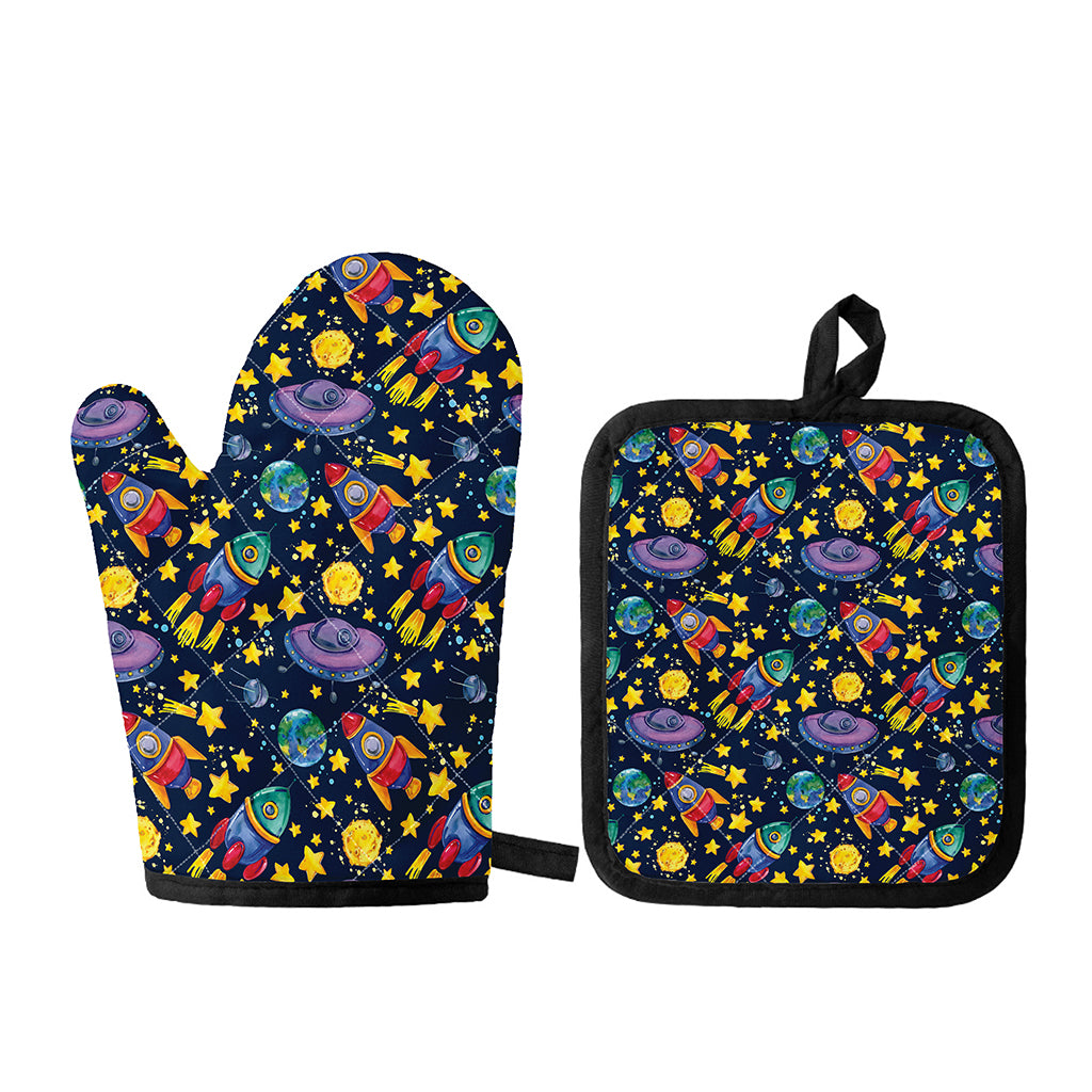Watercolor Rocket Pattern Print Oven Mitt And Pot Holder Set