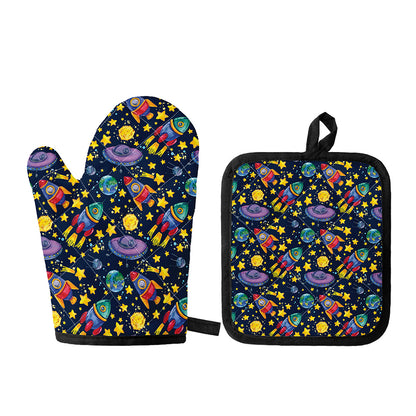 Watercolor Rocket Pattern Print Oven Mitt And Pot Holder Set
