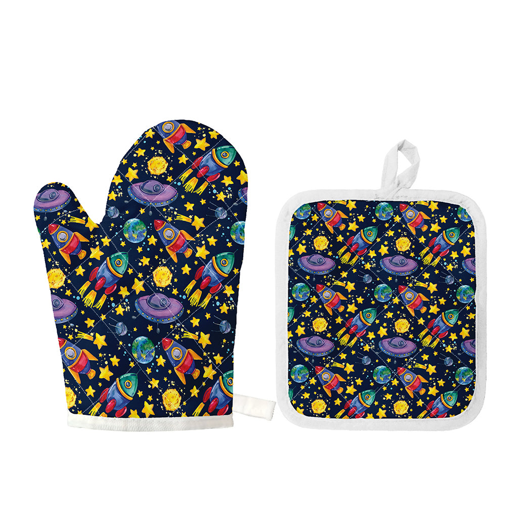 Watercolor Rocket Pattern Print Oven Mitt And Pot Holder Set