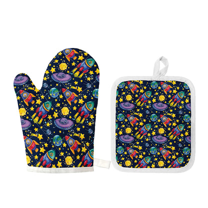 Watercolor Rocket Pattern Print Oven Mitt And Pot Holder Set