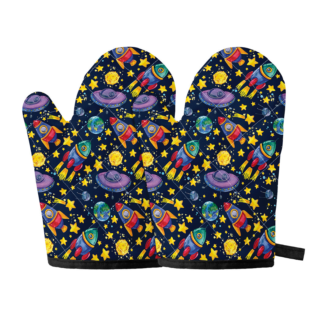 Watercolor Rocket Pattern Print Oven Mitts