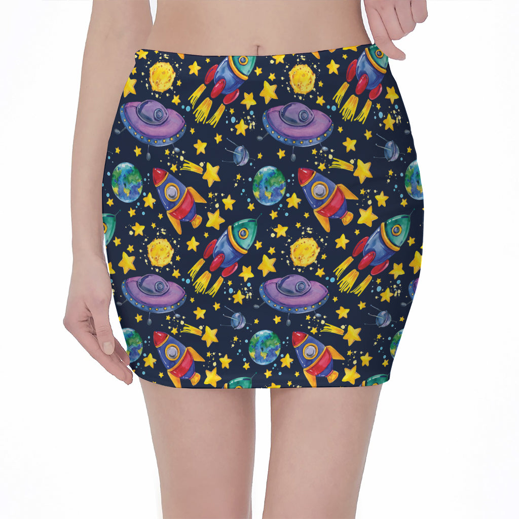 Watercolor Rocket Pattern Print Pencil Mini Skirt