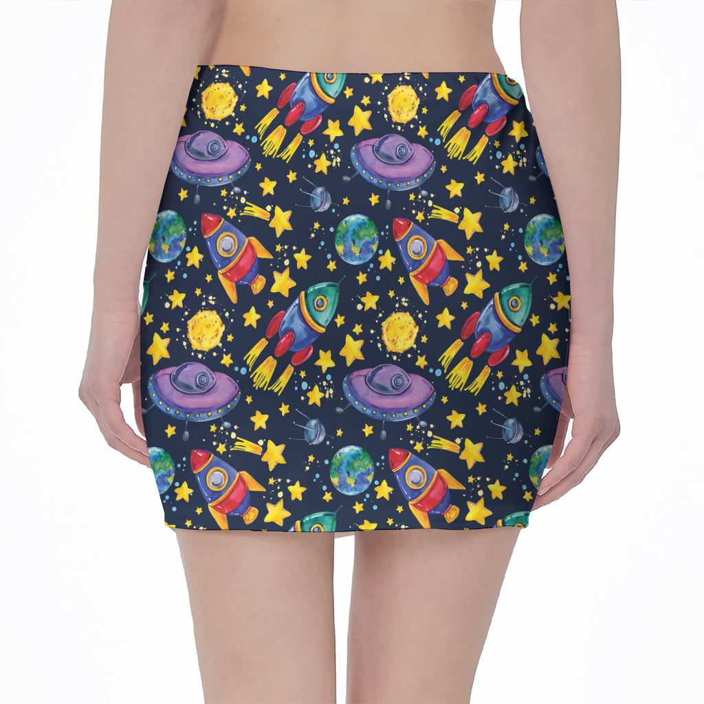 Watercolor Rocket Pattern Print Pencil Mini Skirt