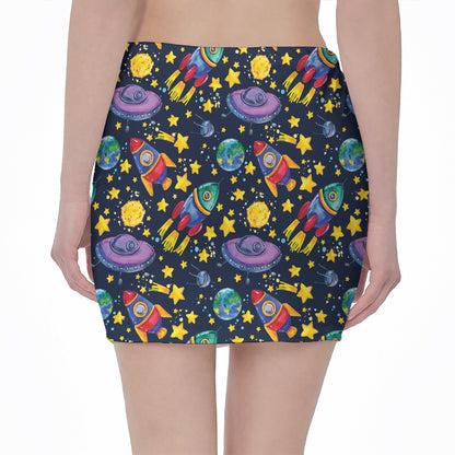 Watercolor Rocket Pattern Print Pencil Mini Skirt