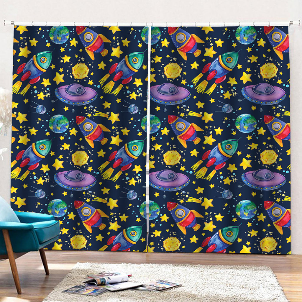 Watercolor Rocket Pattern Print Pencil Pleat Curtains