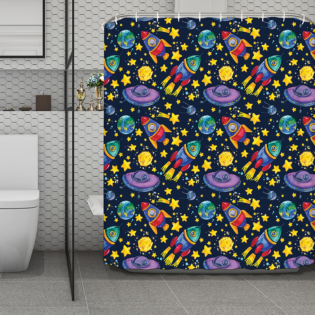 Watercolor Rocket Pattern Print Polyester Shower Curtain