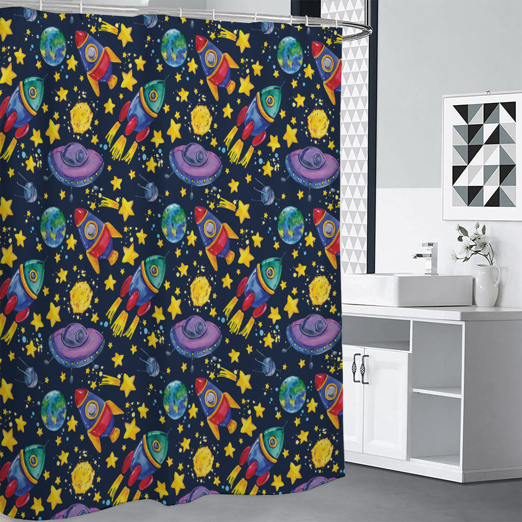 Watercolor Rocket Pattern Print Premium Shower Curtain