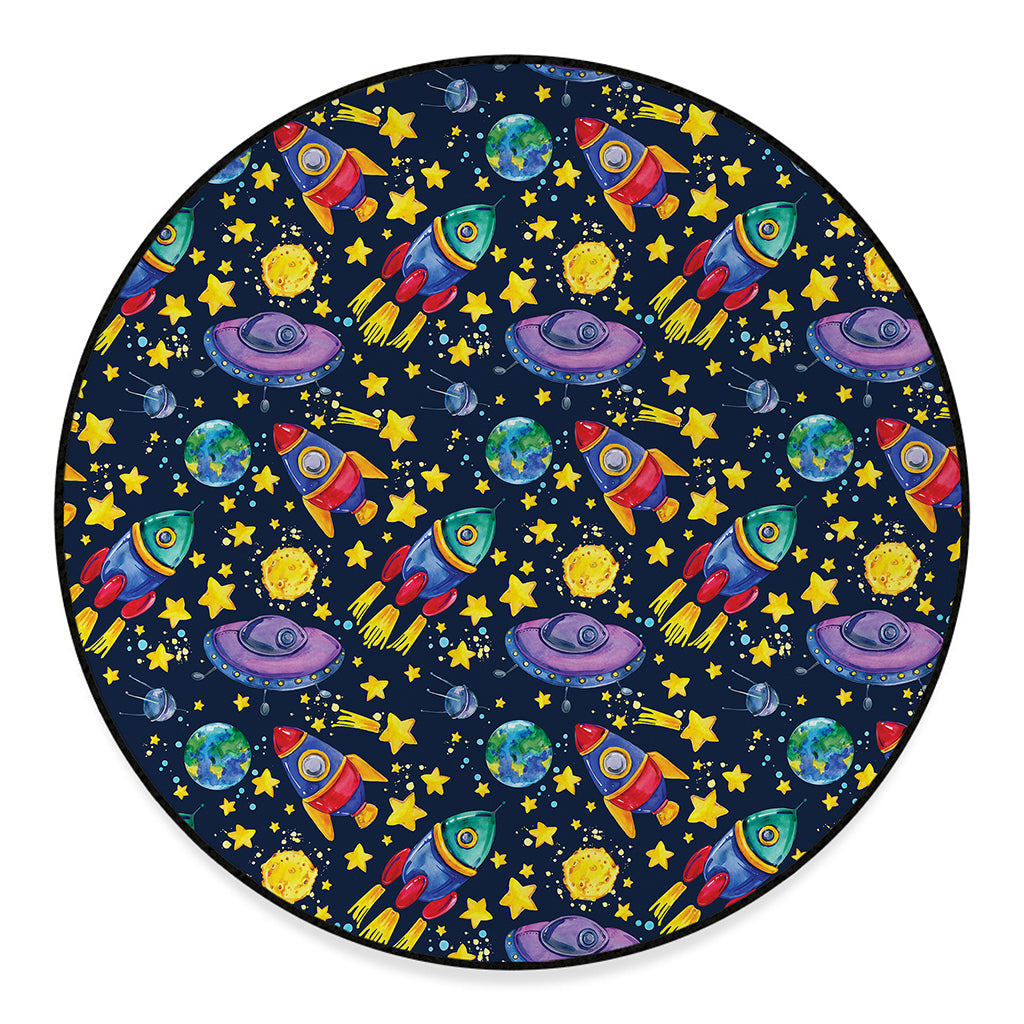 Watercolor Rocket Pattern Print Round Floor Mat