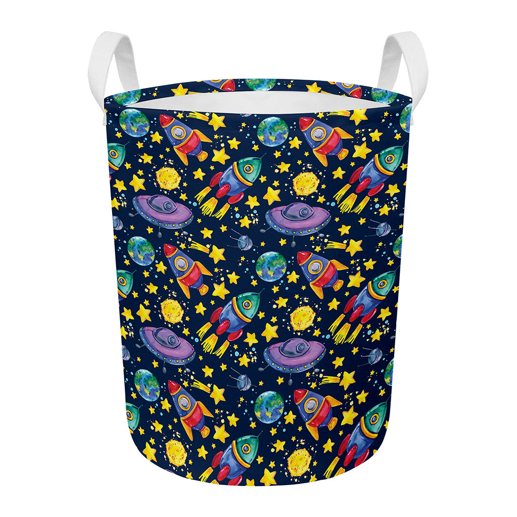 Watercolor Rocket Pattern Print Round Laundry Basket