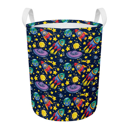 Watercolor Rocket Pattern Print Round Laundry Basket