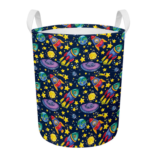 Watercolor Rocket Pattern Print Round Laundry Basket