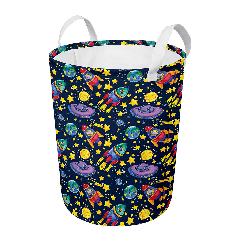 Watercolor Rocket Pattern Print Round Laundry Basket