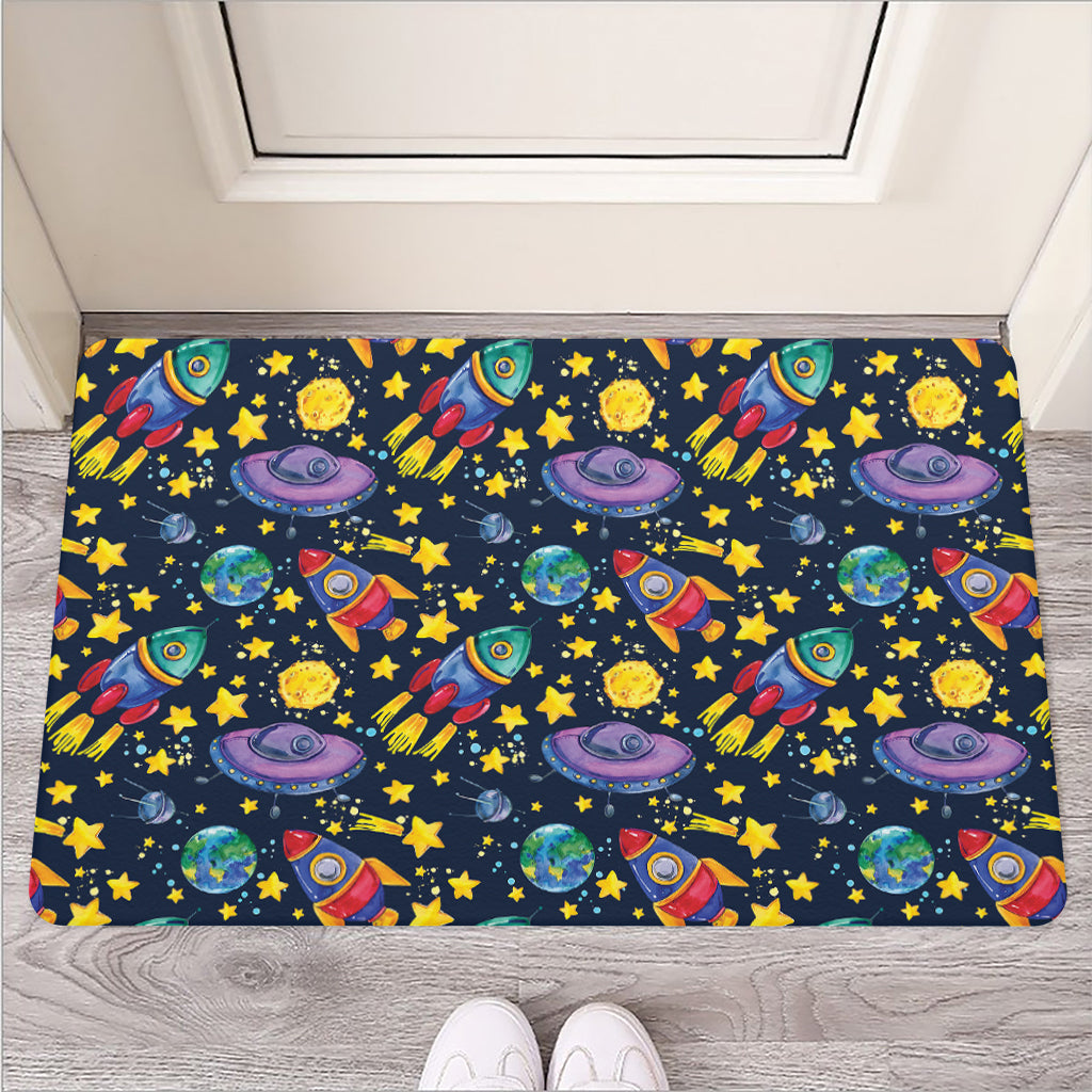 Watercolor Rocket Pattern Print Rubber Doormat