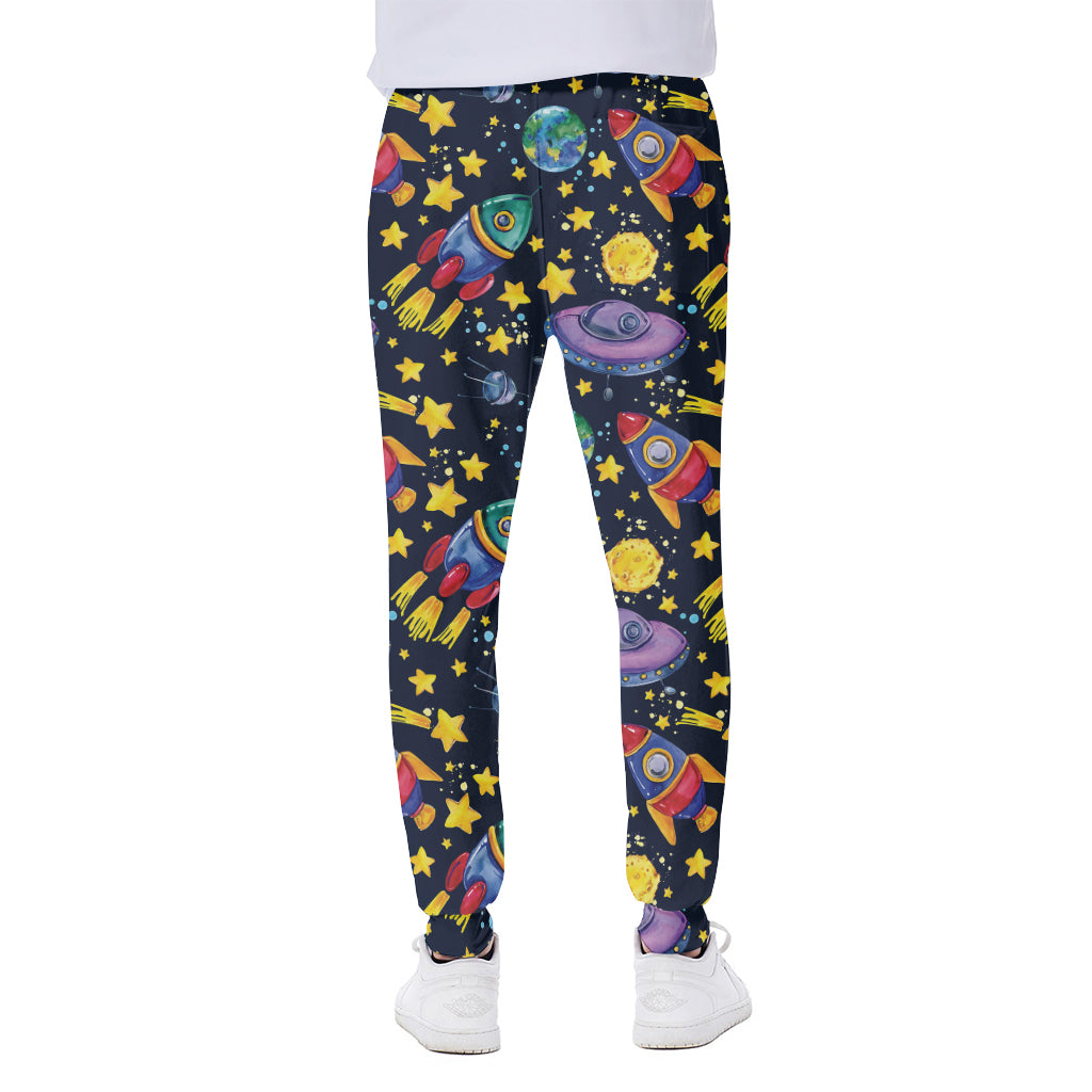 Watercolor Rocket Pattern Print Scuba Joggers