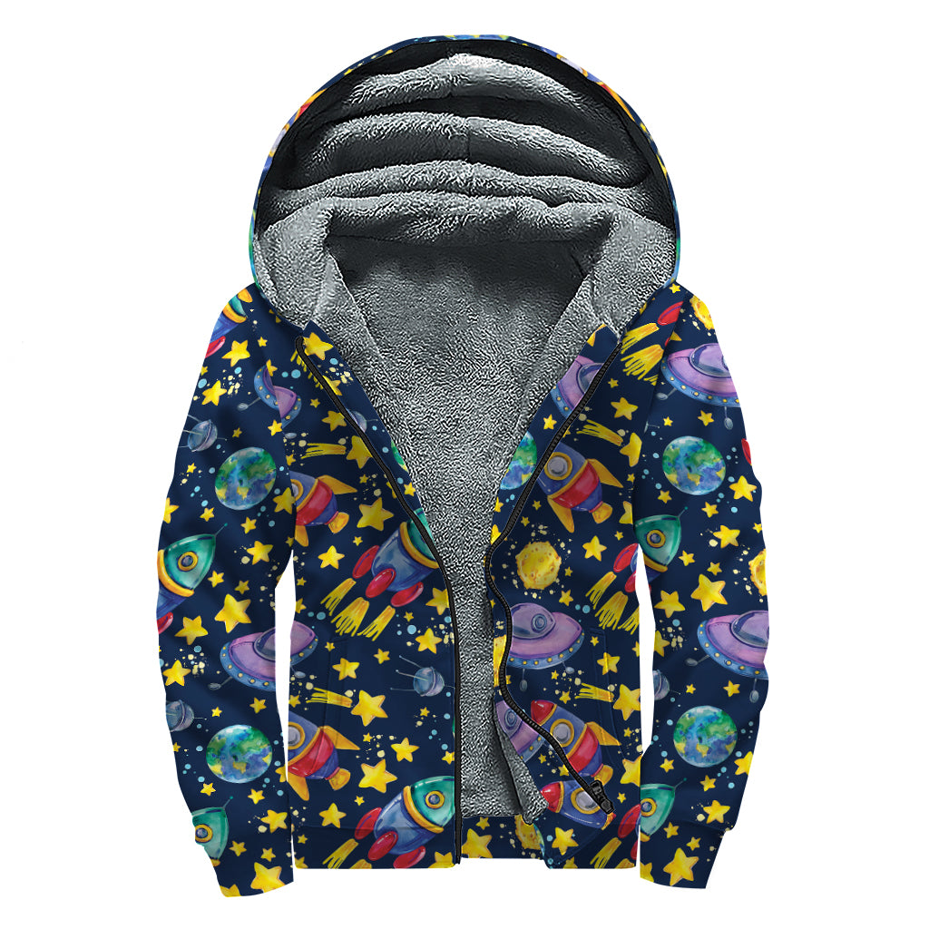 Watercolor Rocket Pattern Print Sherpa Lined Zip Up Hoodie