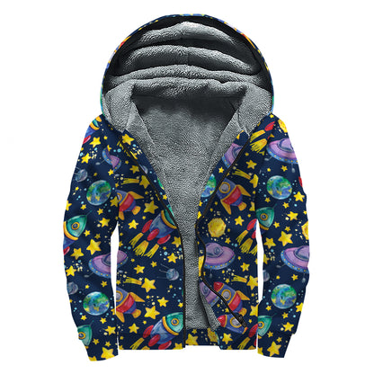 Watercolor Rocket Pattern Print Sherpa Lined Zip Up Hoodie
