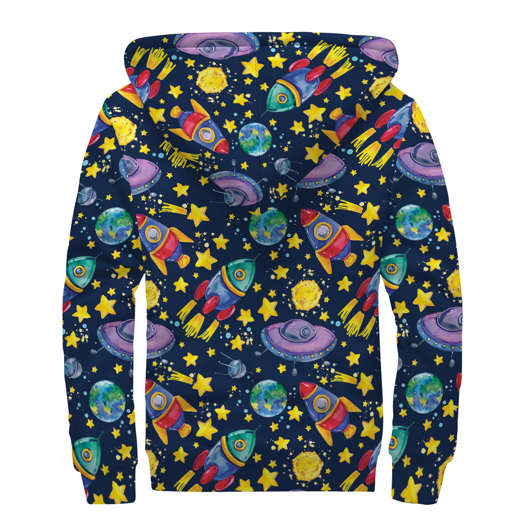 Watercolor Rocket Pattern Print Sherpa Lined Zip Up Hoodie