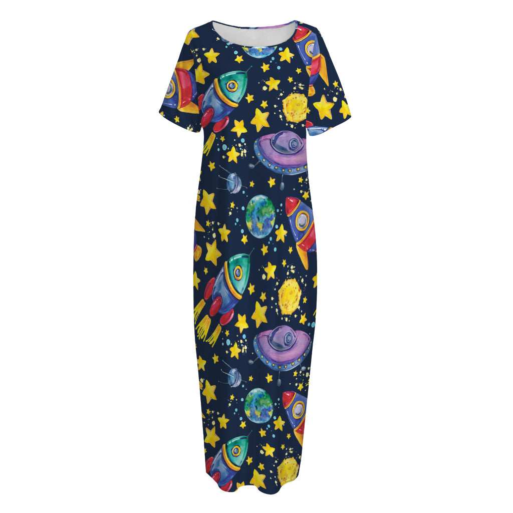 Watercolor Rocket Pattern Print Short Sleeve Long Nightdress