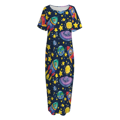 Watercolor Rocket Pattern Print Short Sleeve Long Nightdress