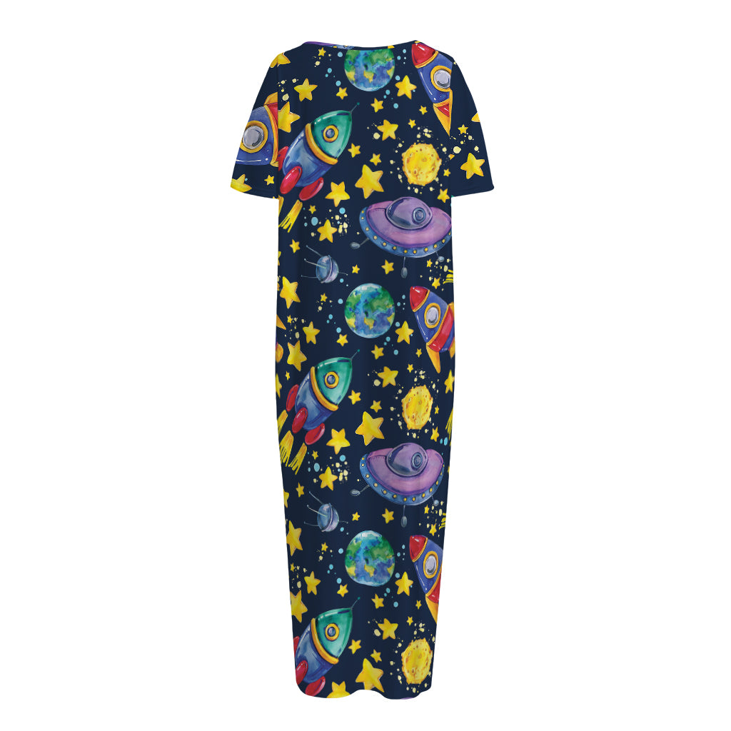 Watercolor Rocket Pattern Print Short Sleeve Long Nightdress