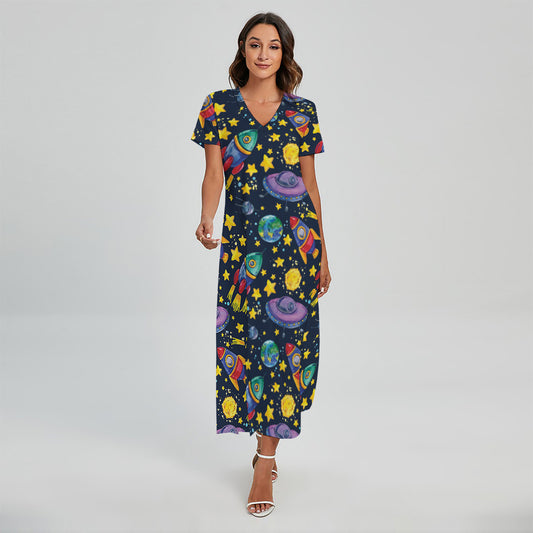 Watercolor Rocket Pattern Print Short Sleeve Maxi Dress
