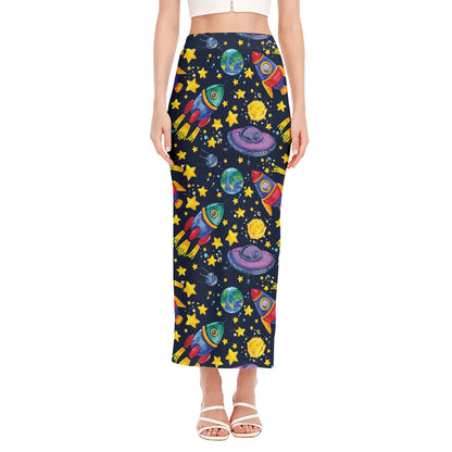Watercolor Rocket Pattern Print Side Slit Maxi Skirt