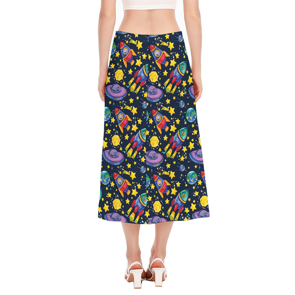 Watercolor Rocket Pattern Print Side Slit Midi Skirt