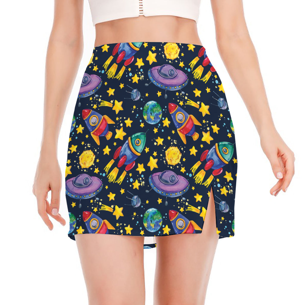 Watercolor Rocket Pattern Print Side Slit Mini Skirt