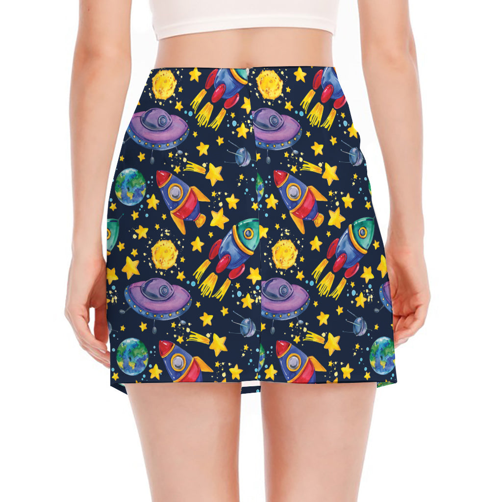 Watercolor Rocket Pattern Print Side Slit Mini Skirt