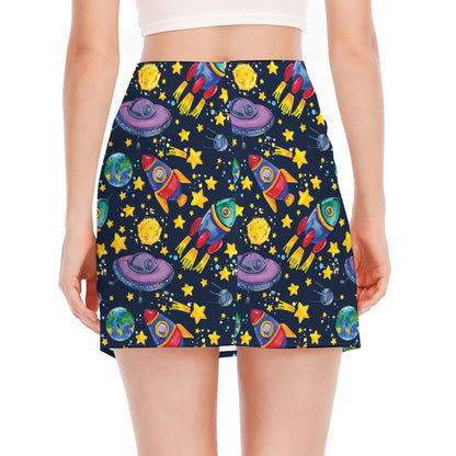 Watercolor Rocket Pattern Print Side Slit Mini Skirt