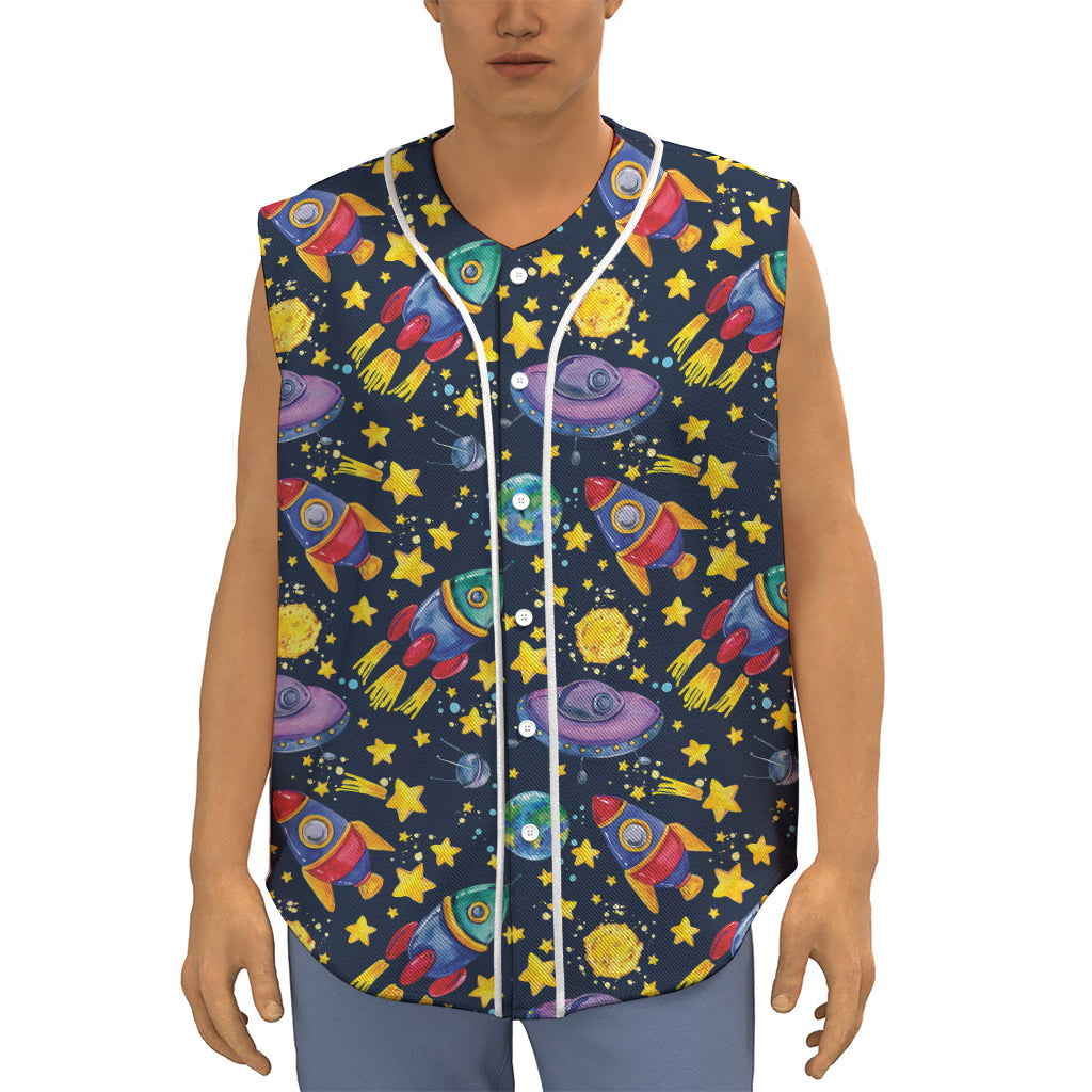 Watercolor Rocket Pattern Print Sleeveless Baseball Jersey