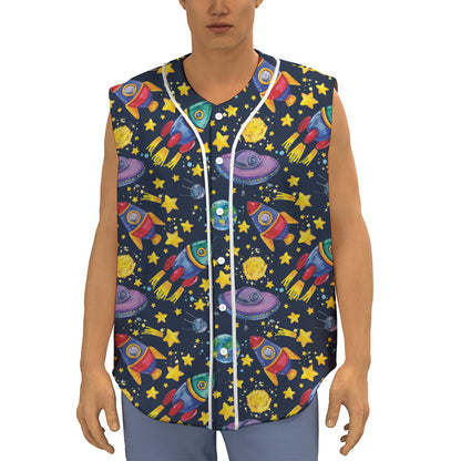 Watercolor Rocket Pattern Print Sleeveless Baseball Jersey