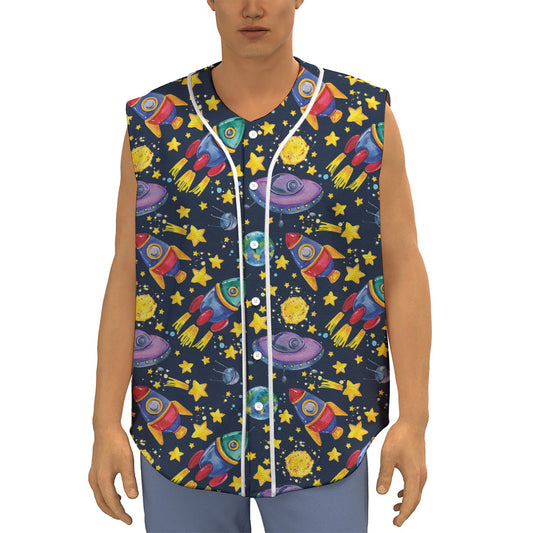Watercolor Rocket Pattern Print Sleeveless Baseball Jersey