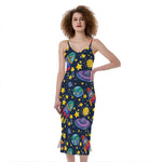 Watercolor Rocket Pattern Print Slim Fit Midi Cami Dress