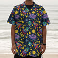 Watercolor Rocket Pattern Print Textured Short Sleeve Shirt